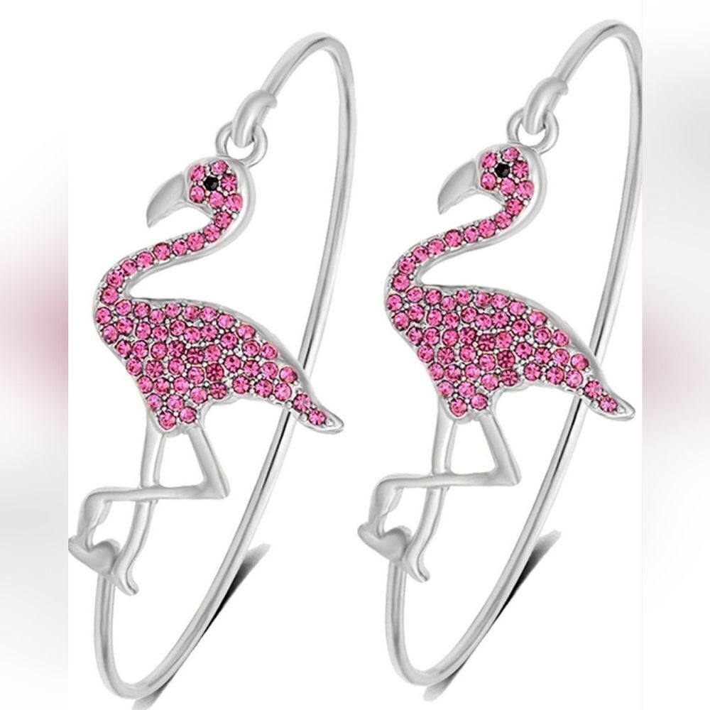 ☔️🩵Pink Rhinestone & Silver Plated Set of 2 Flamingo Bangle Bracelets